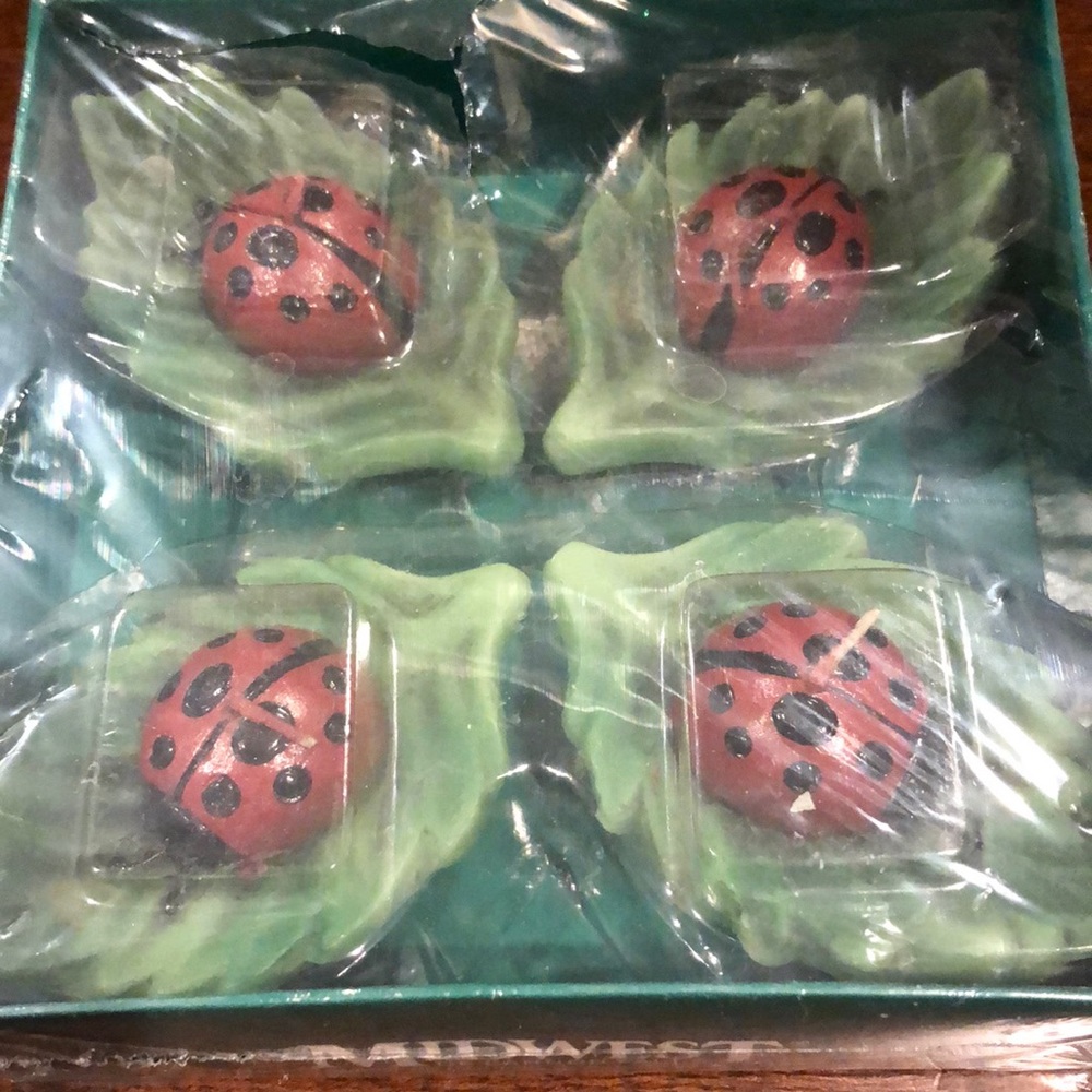 Lady bug on leaf floating candles box set of 4 candles
